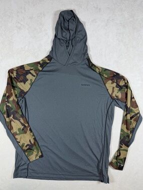 Simms XL SolarFlex Charcoal Hoodie with Camo Raglan Sleeves Fishing Wind Sweater